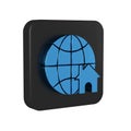 Blue Globe with house symbol icon isolated on transparent background. Real estate concept. Black square button. Royalty Free Stock Photo