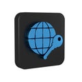 Blue Globe key icon isolated on transparent background. Black square button. Royalty Free Stock Photo