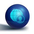 Blue Globe and people icon isolated on white background. Global business symbol. Social network icon. Blue circle button Royalty Free Stock Photo