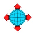 Blue globe and red arrows icon, cartoon style Royalty Free Stock Photo