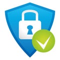 Blue glossy shield with padlock and check mark. Vector icon. Royalty Free Stock Photo