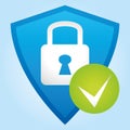 Blue glossy shield with padlock and check mark. Vector icon. Light blue background. Royalty Free Stock Photo