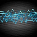 Blue glossy shiny triangles on dark perforated background