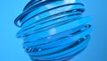 Blue glossy sphere sliced on a disc and ring shape. Selective focus with reflections. 3d rendering abstract background