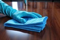 Blue gloved hand caresses the table, ensuring pristine cleanliness