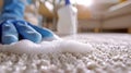 Blue-gloved hands applying a burst of cleaning foam on a carpet. Professional cleaning detail showing active suds Royalty Free Stock Photo