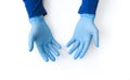 Blue gloved hands close up on white background. Call for hand disinfection. Stop coronavirus concept. Using