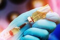 A blue-gloved medical worker draws an ampoule vaccine into a syringe. Medical flu shot concept. injection bottle for medical glass