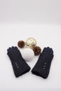 Blue gloves, white and golden Christmas balls and two pine cones on a white background. New YearÃ¢â¬â¢s and Christmas Concept Royalty Free Stock Photo