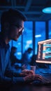 The blue glow of a computer screen reflecting off the glasses of a programmer working late in a dark office