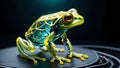 blue glow - hybrid frog blends into futuristic jungle, cyborg look illuminating artificial ecosystem