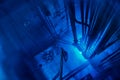 Blue glow water of nuclear reactor core powered, caused by Cherenkov radiation, fuel plates industrial uran Royalty Free Stock Photo