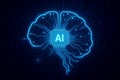 Blue glowing AI brain circuit board with central processor on dark background artificial intelligence Royalty Free Stock Photo