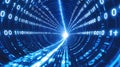 Digital data stream flowing through an illuminated abstract tunnel of binary code representing information highway Royalty Free Stock Photo