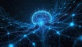 Blue glowing brain structure with connected digital network lines. Abstract concept of neural pathways, information flow, and Royalty Free Stock Photo