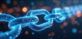 Blue glowing chain links symbolize blockchain tech. Bright particles show secure digital data flow. Represents strong network, Royalty Free Stock Photo