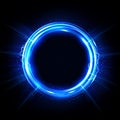 Blue Glowing Circle, Elegant Illuminated Light Ring with Lightning Spark on Dark Background, Vector Illustration