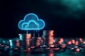 Blue glowing cloud computing icon on a pile of gold coins against blue blurred background. Royalty Free Stock Photo