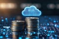 Blue glowing cloud computing icon on a pile of gold coins against blue blurred background. Royalty Free Stock Photo