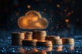 Blue glowing cloud computing icon on a pile of gold coins against blue blurred background. Royalty Free Stock Photo