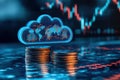Blue glowing cloud computing icon on a pile of gold coins against blue blurred background. Royalty Free Stock Photo