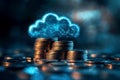 Blue glowing cloud computing icon on a pile of gold coins against blue blurred background. Royalty Free Stock Photo
