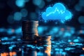 Blue glowing cloud computing icon on a pile of gold coins against blue blurred background. Royalty Free Stock Photo