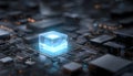 Blue glowing crystal cpu core positioned on a complex dark circuit board, symbolizing advanced technology, quantum Royalty Free Stock Photo