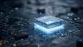 Blue glowing crystal cpu core positioned on a complex dark circuit board, symbolizing advanced technology, quantum Royalty Free Stock Photo