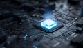 Blue glowing crystal cpu core positioned on a complex dark circuit board, symbolizing advanced technology, quantum Royalty Free Stock Photo