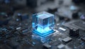 Blue glowing crystal cpu core positioned on a complex dark circuit board, symbolizing advanced technology, quantum Royalty Free Stock Photo