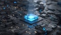 Blue glowing crystal cpu core positioned on a complex dark circuit board, symbolizing advanced technology, quantum Royalty Free Stock Photo