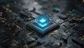 Blue glowing crystal cpu core positioned on a complex dark circuit board, symbolizing advanced technology, quantum Royalty Free Stock Photo