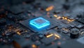 Blue glowing crystal cpu core positioned on a complex dark circuit board, symbolizing advanced technology, quantum Royalty Free Stock Photo