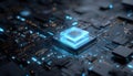 Blue glowing crystal cpu core positioned on a complex dark circuit board, symbolizing advanced technology, quantum Royalty Free Stock Photo