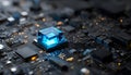 Blue glowing crystal cpu core positioned on a complex dark circuit board, symbolizing advanced technology, quantum Royalty Free Stock Photo