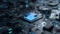 Blue glowing crystal cpu core positioned on a complex dark circuit board, symbolizing advanced technology, quantum Royalty Free Stock Photo