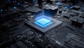 Blue glowing crystal cpu core positioned on a complex dark circuit board, symbolizing advanced technology, quantum Royalty Free Stock Photo