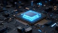 Blue glowing crystal cpu core positioned on a complex dark circuit board, symbolizing advanced technology, quantum Royalty Free Stock Photo