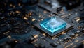 Blue glowing crystal cpu core positioned on a complex dark circuit board, symbolizing advanced technology, quantum Royalty Free Stock Photo