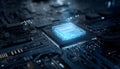 Blue glowing crystal cpu core positioned on a complex dark circuit board, symbolizing advanced technology, quantum Royalty Free Stock Photo