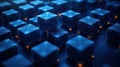 Blue glowing cubes interconnected by network of lines. Modern tech illustration of blockchain nodes. Decentralized data