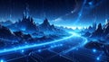 Blue glowing digital landscape with data streams and mountain peaks Royalty Free Stock Photo