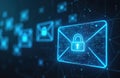 Blue glowing digital mail envelope with padlock icon. Network lines connect secure messages across cyberspace. Data protection, Royalty Free Stock Photo