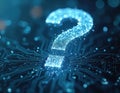Blue glowing digital question mark sits on dark circuit board background. Represents complex tech questions, digital problem Royalty Free Stock Photo