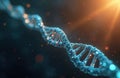 Blue glowing DNA helix structure with orange light flares. Digital science artwork shows genetic code, molecular biology Royalty Free Stock Photo