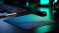 5940.Blue glowing gaming mousepad on dark desk with keyboard nearby. Royalty Free Stock Photo