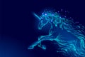 Blue glowing horse unicorn riding night sky star. Creative decoration magical backdrop shining cosmos space horn fairy