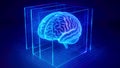 Blue glowing human brain inside a transparent cube with binary code on dark background science technology Royalty Free Stock Photo
