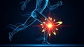 Human skeleton leg in motion with glowing red and yellow knee pain running Royalty Free Stock Photo